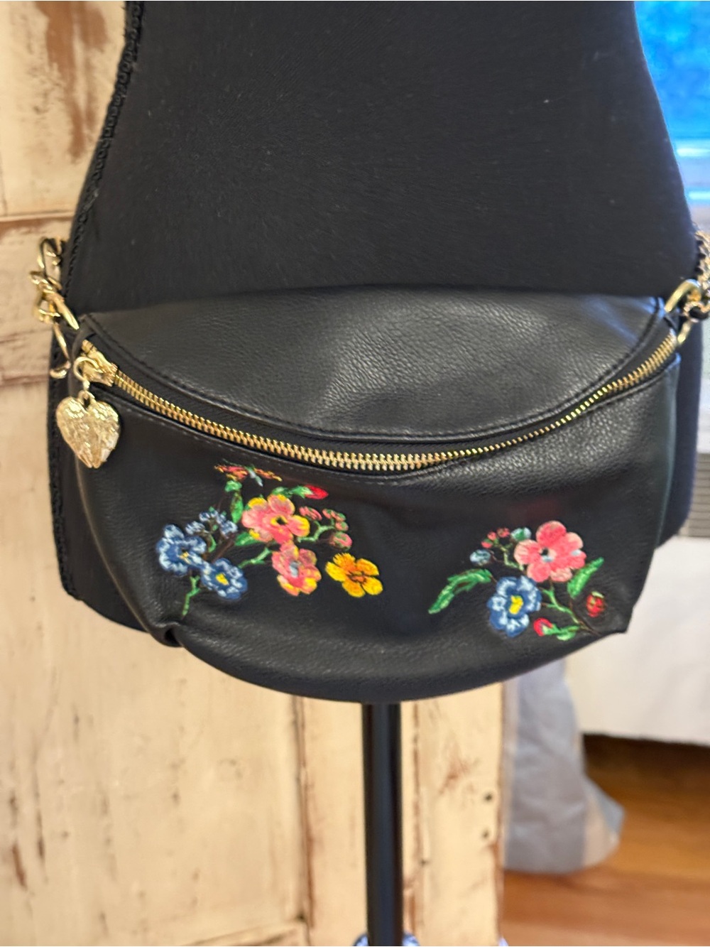 Betsey Johnson Embroidered Floral chain Belt Bag. Black